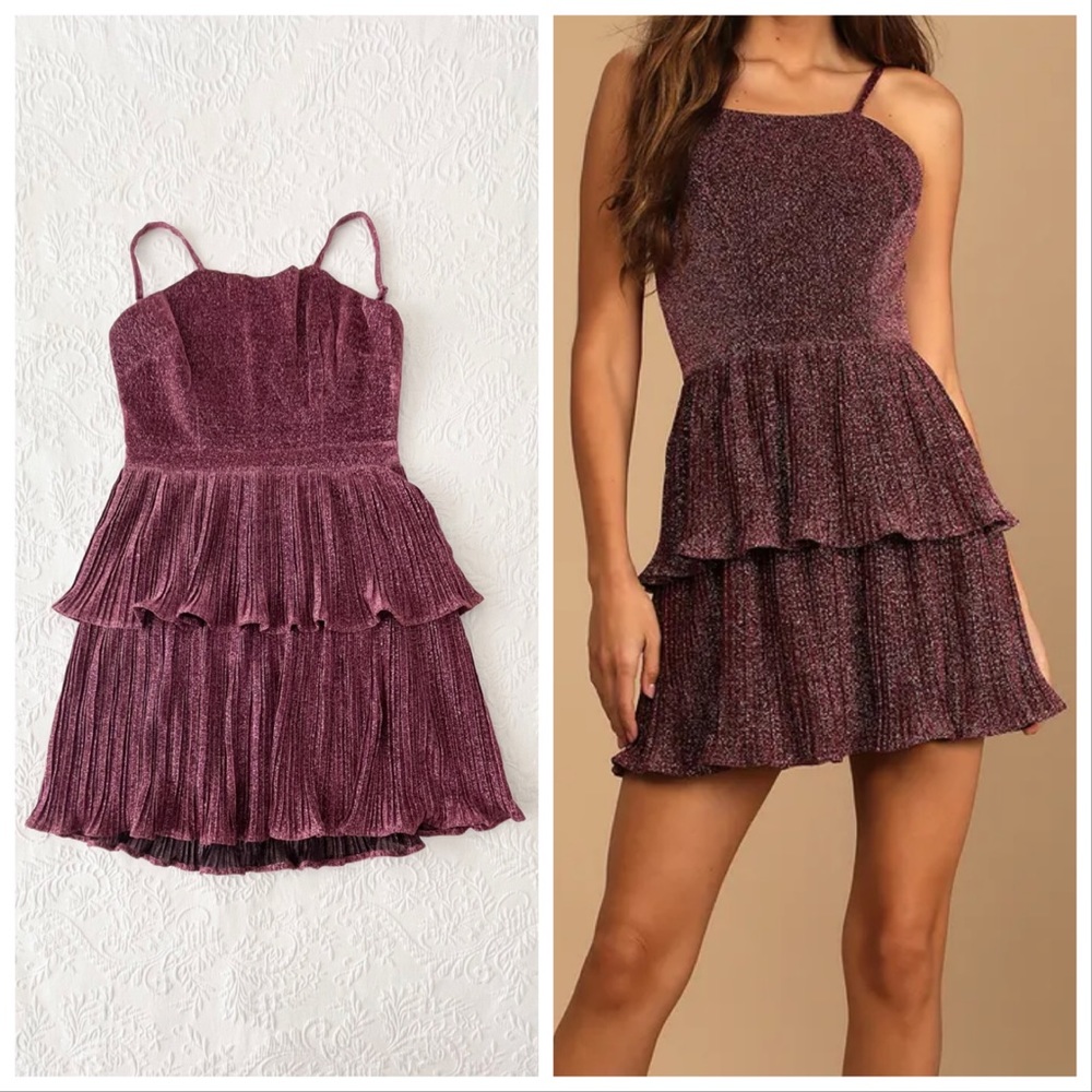 NWT Lulus Sweetest Soiree Black and Pink Metallic Pleated Mini Dress Medium